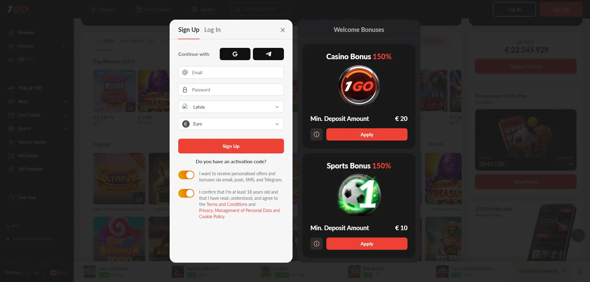 How to register and claim 1GO Casino no deposit bonus