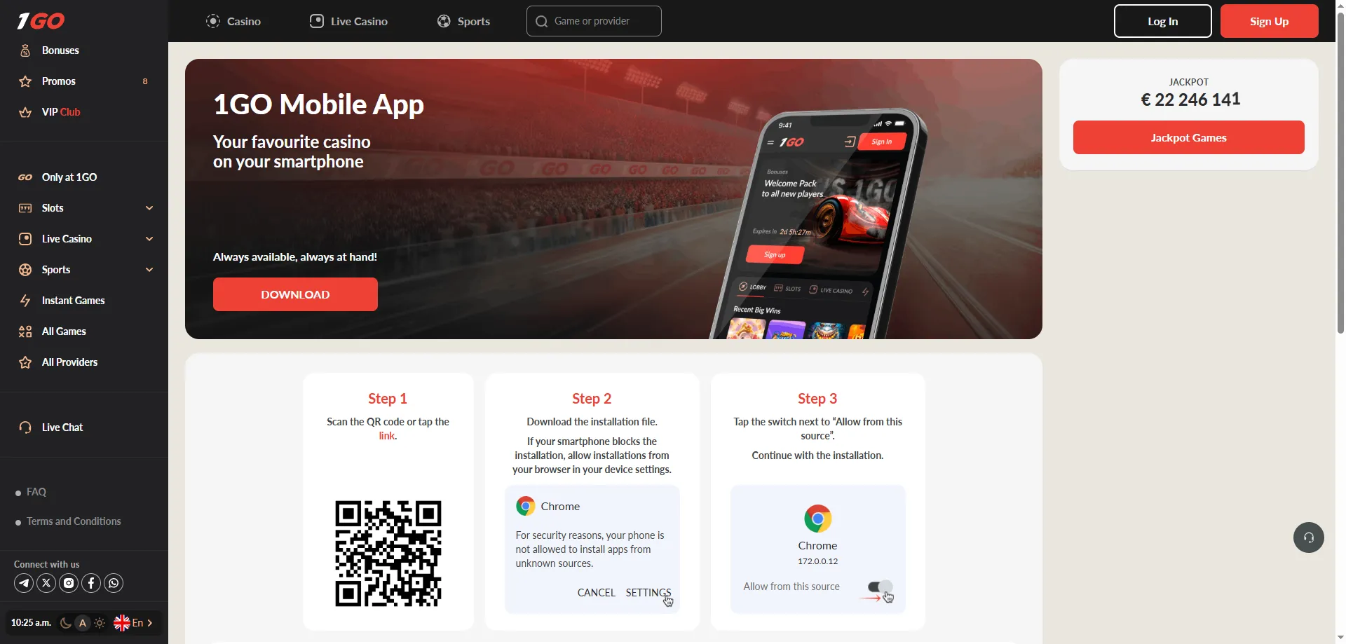 1GO Casino mobile app and PWA — play on Android and iOS