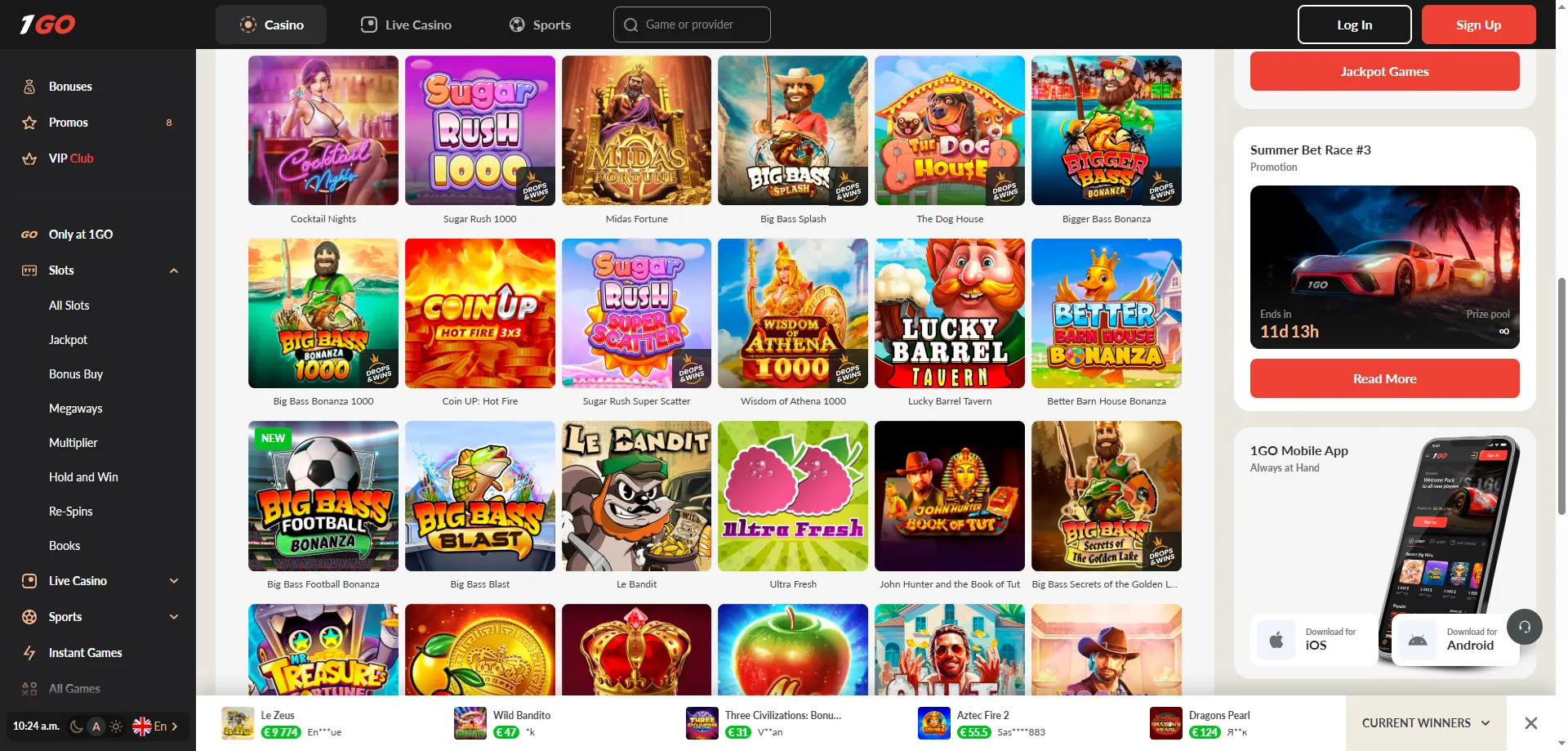 1GO Casino online slots library — over 11000 games available